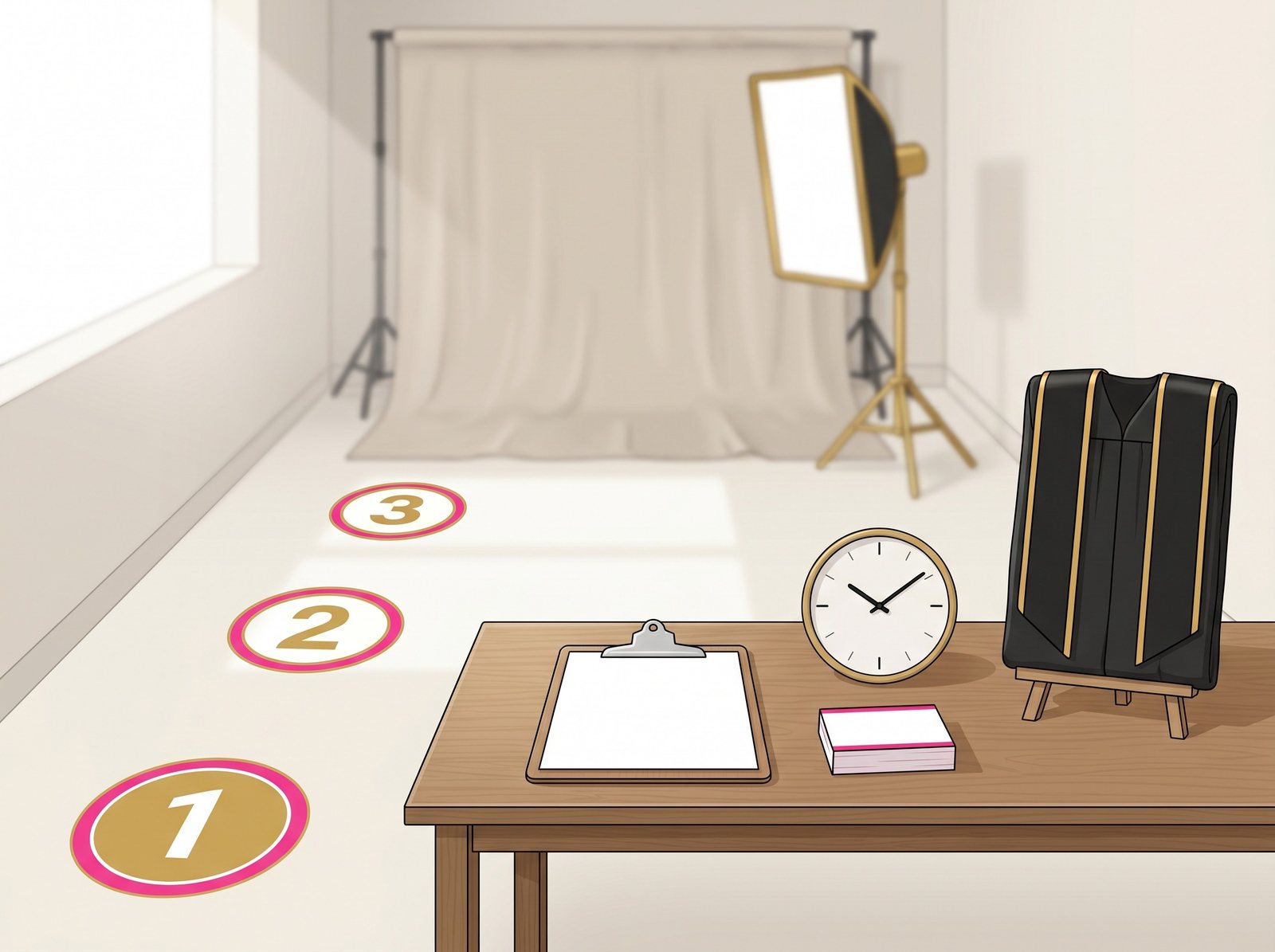 School picture day check-in table with portrait backdrop and studio lighting