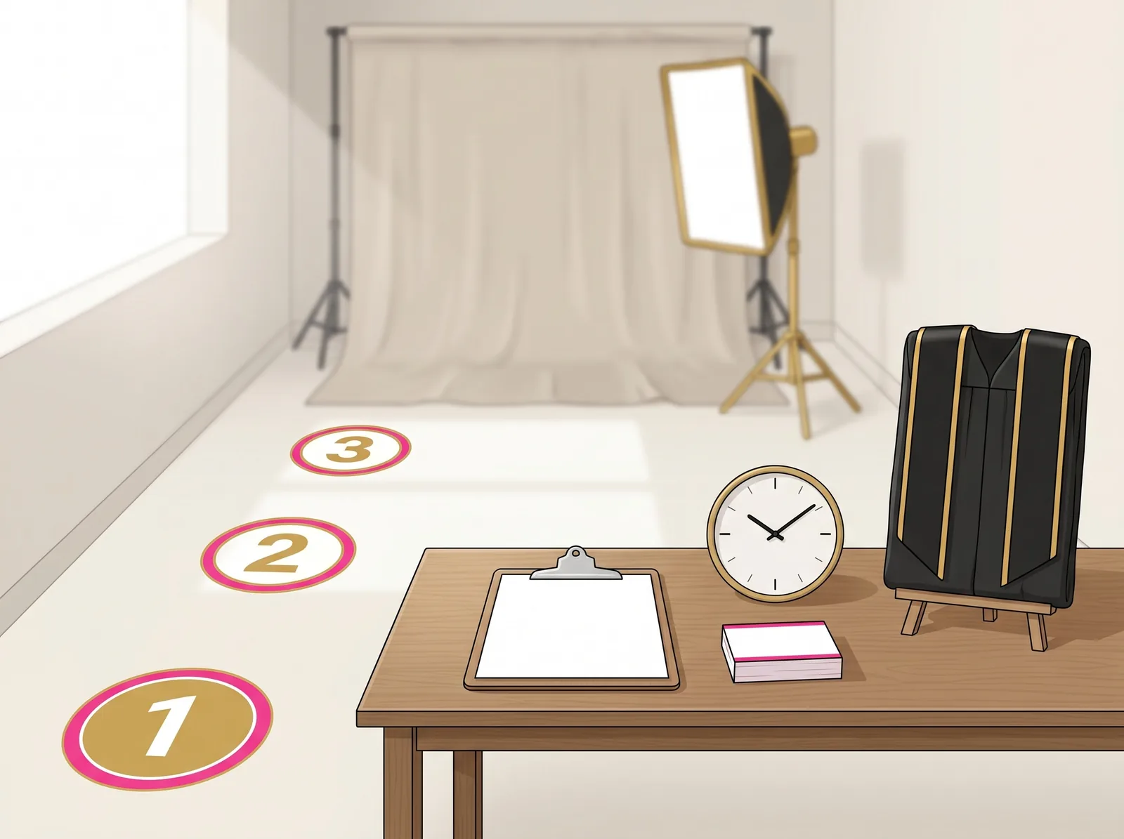 School picture day check-in table with portrait backdrop and studio lighting