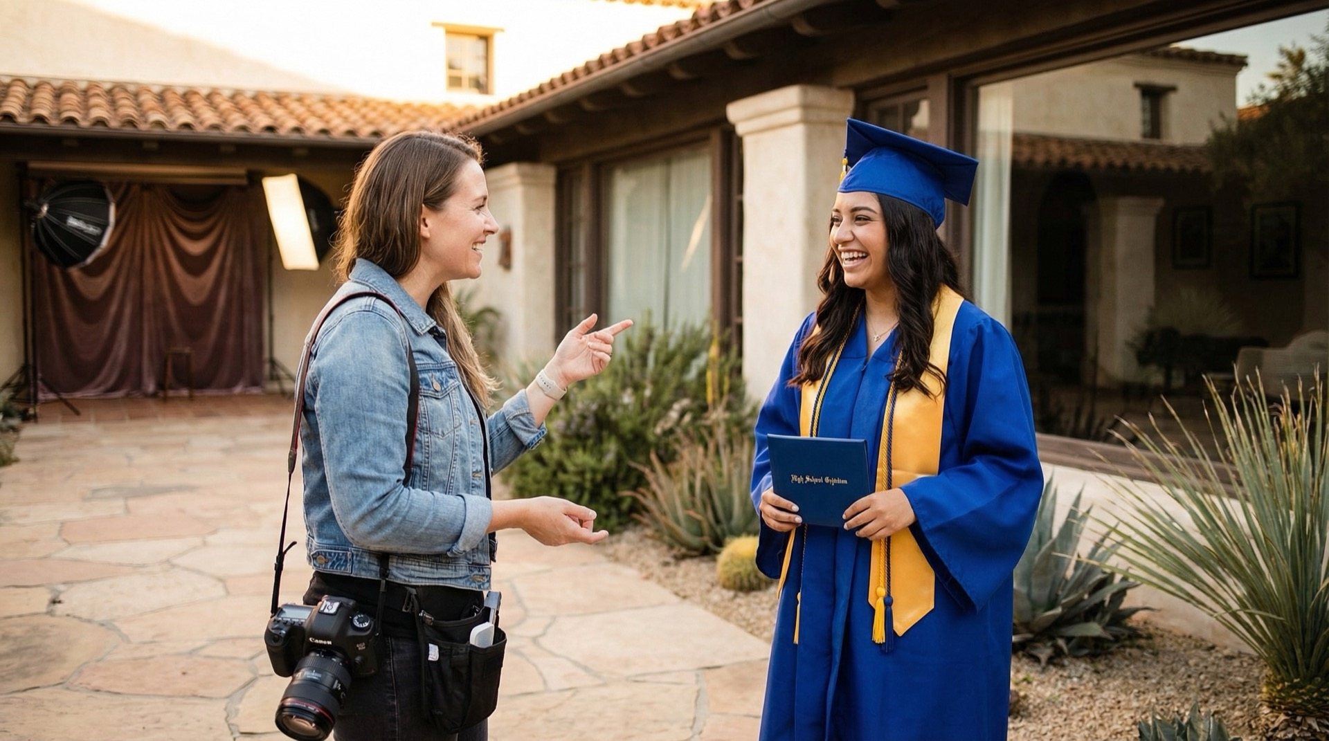 Professional photographer with a high school senior in cap and gown at a San Antonio school