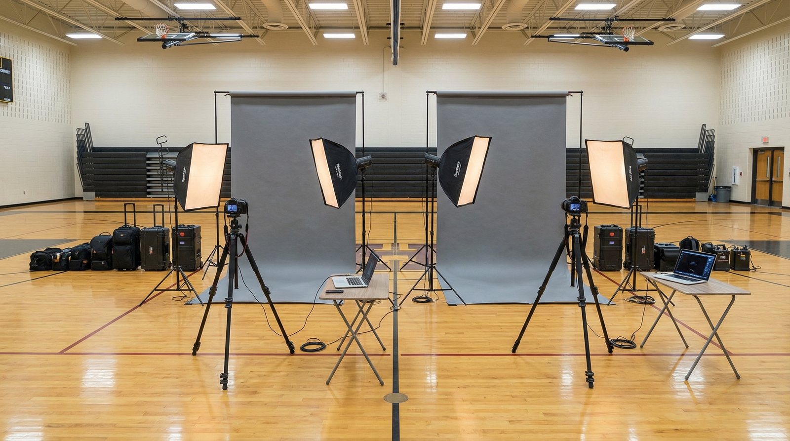 Cheer photo station setup in gym
