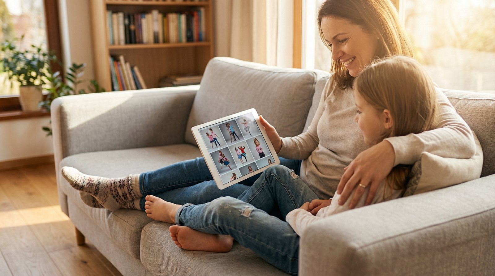Parent and child reviewing online photo gallery