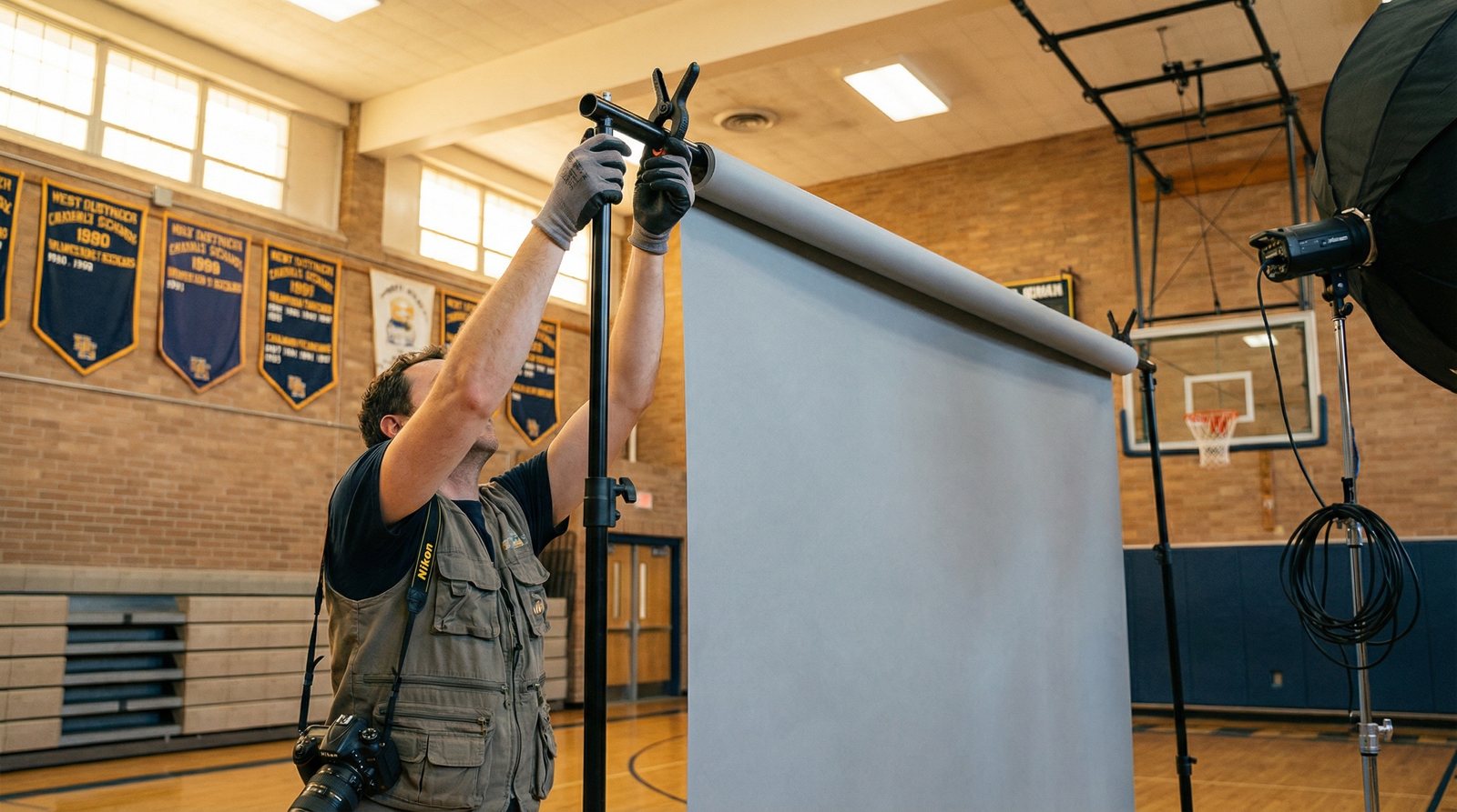 Professional portrait studio set up inside daycare center