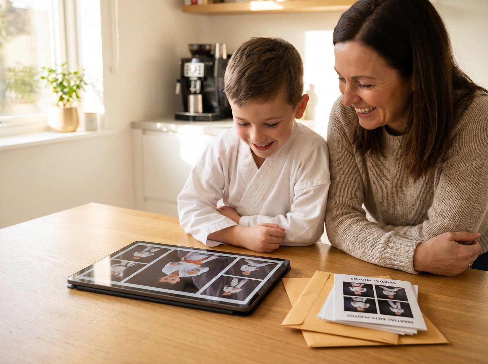 Parent and child reviewing delivered martial arts photos at home