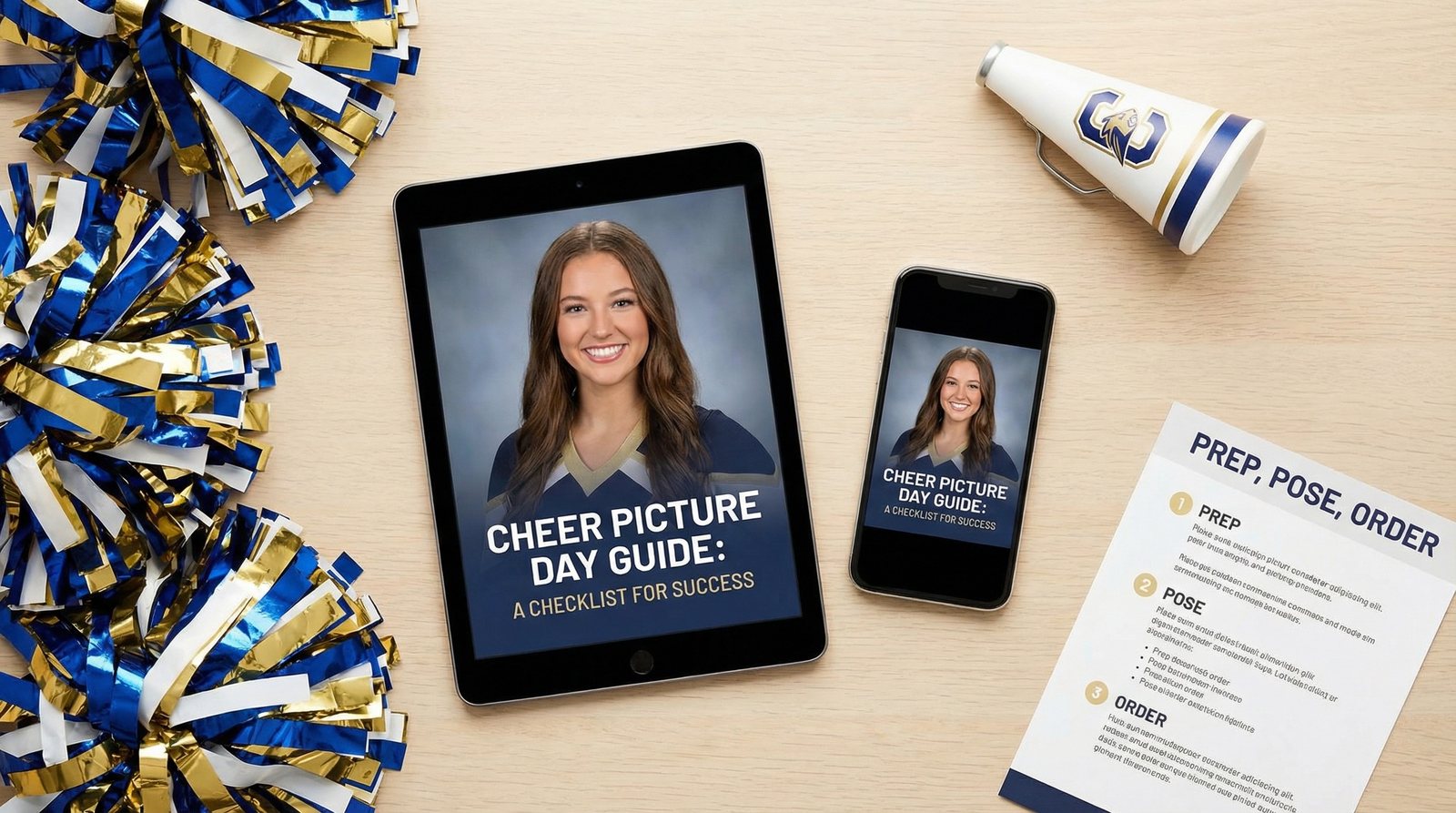 Cheer picture day planning guide shown on tablet and phone