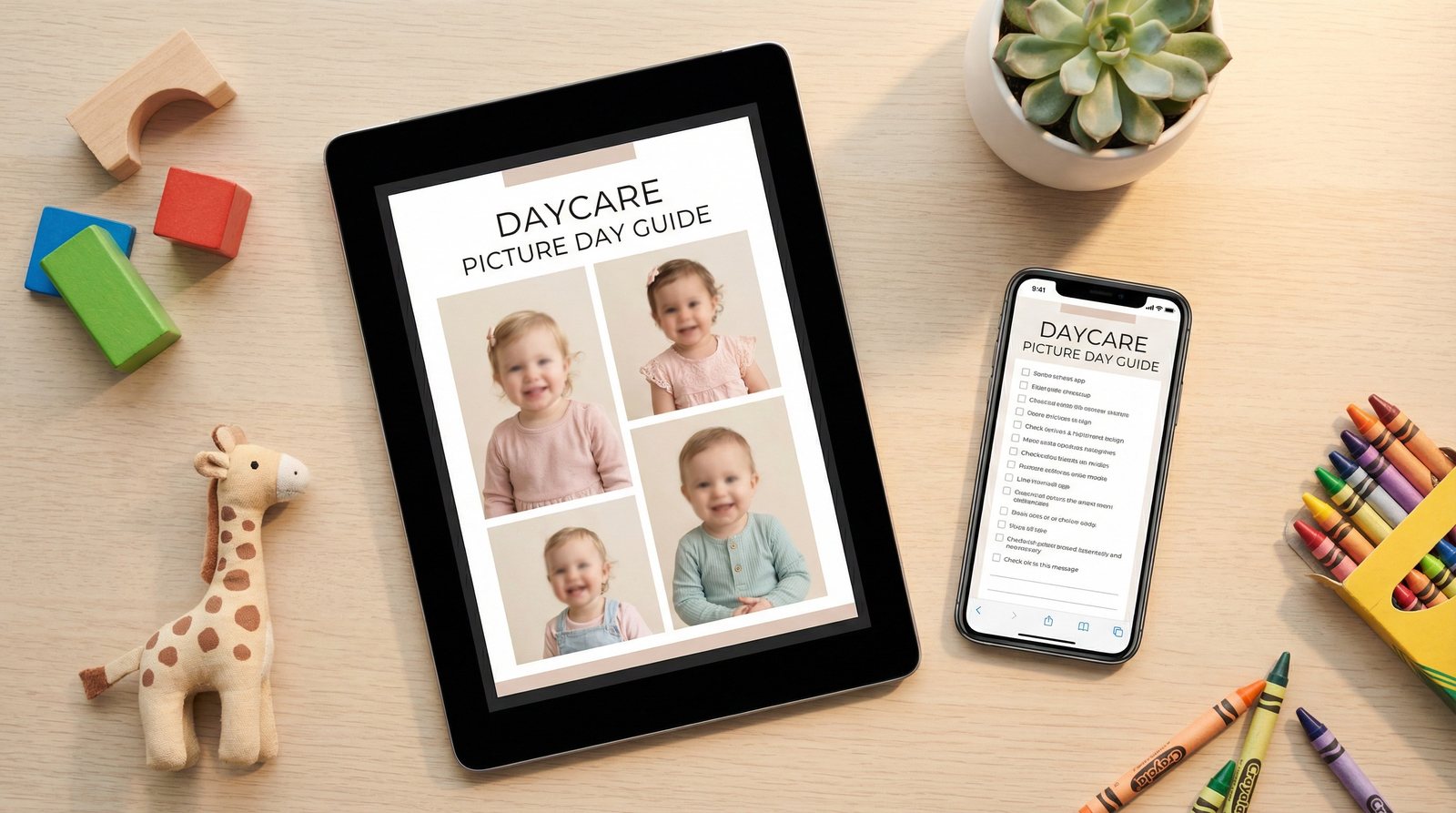 Daycare picture day guide displayed on tablet and phone