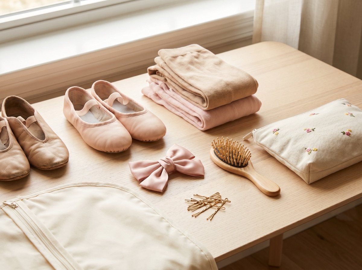 Dance picture day prep items including shoes, tights, hair bow, brush, and bobby pins.