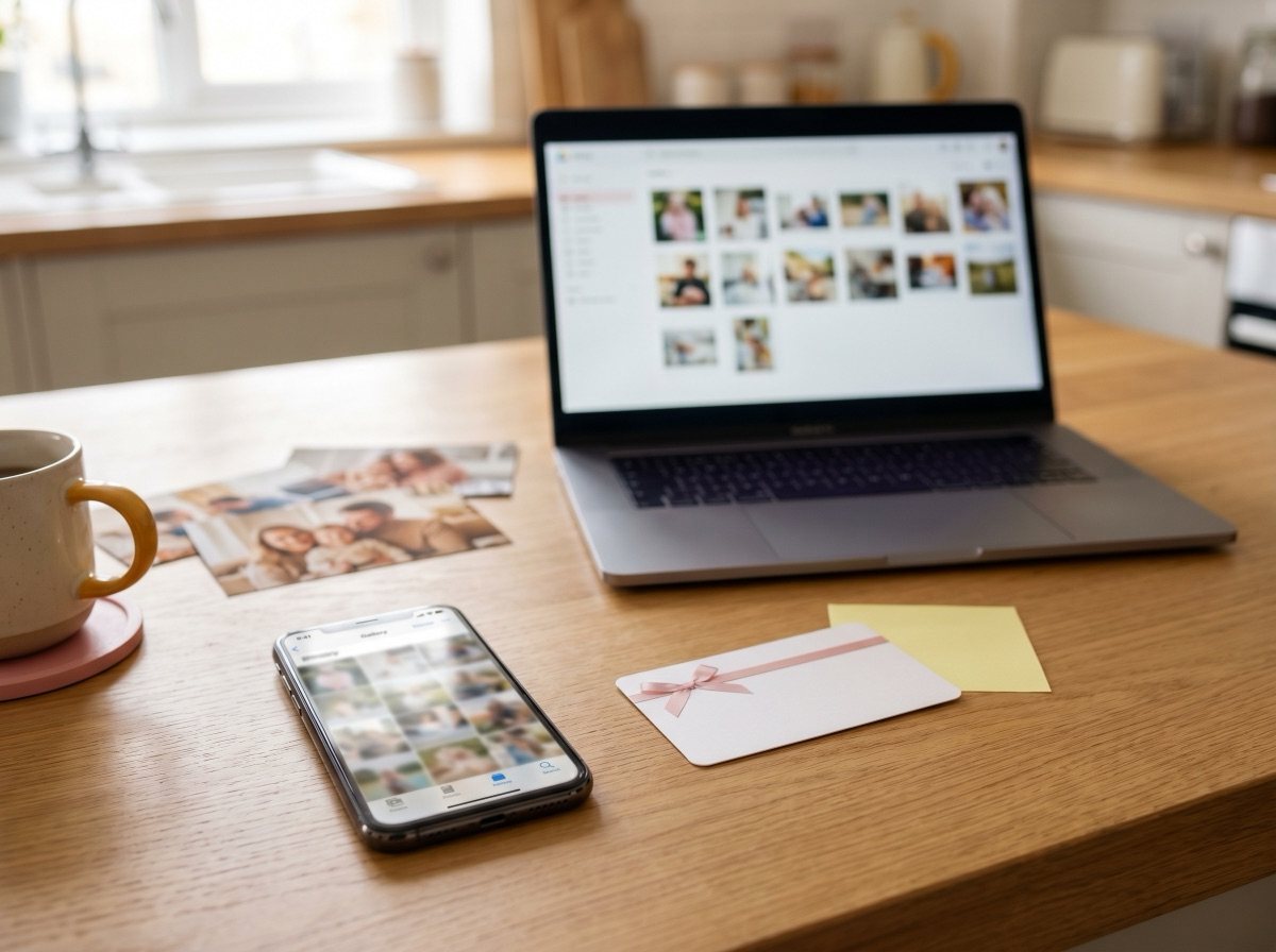 Online picture day gallery and early-bird credit card arranged on a family table.