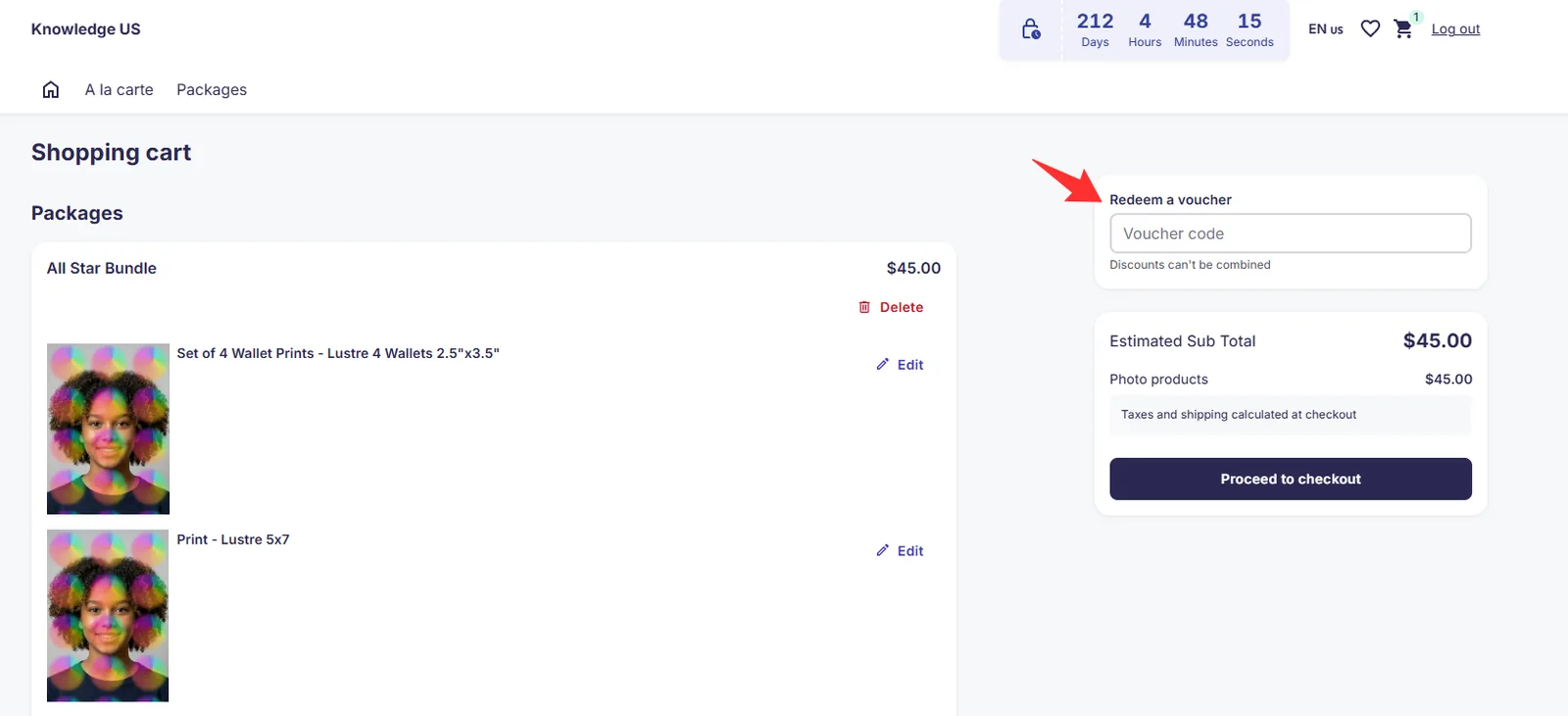 Gallery shopping cart example showing where to redeem a voucher