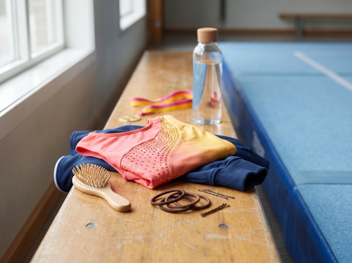 Gymnastics picture day prep items including a leotard, hair ties, bobby pins, medal, and water bottle.