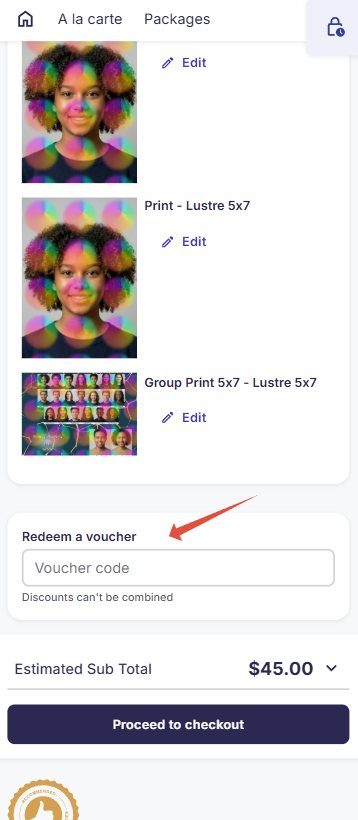 GotPhoto mobile shopping cart showing Redeem a voucher and the Voucher code field above the order subtotal.
