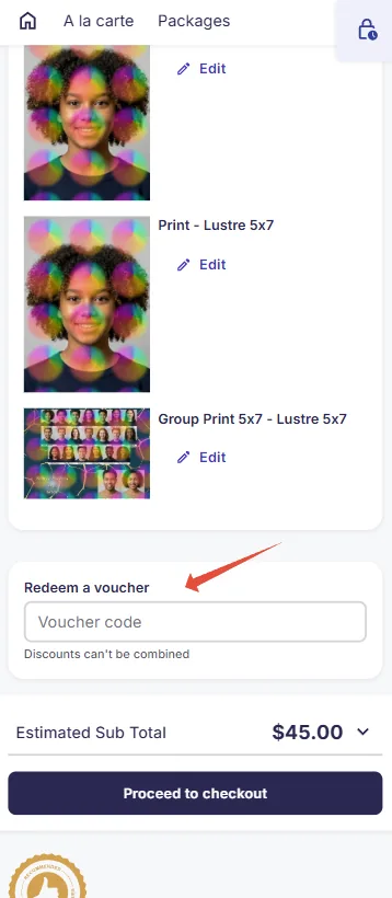 Mobile gallery cart example showing the voucher redemption field