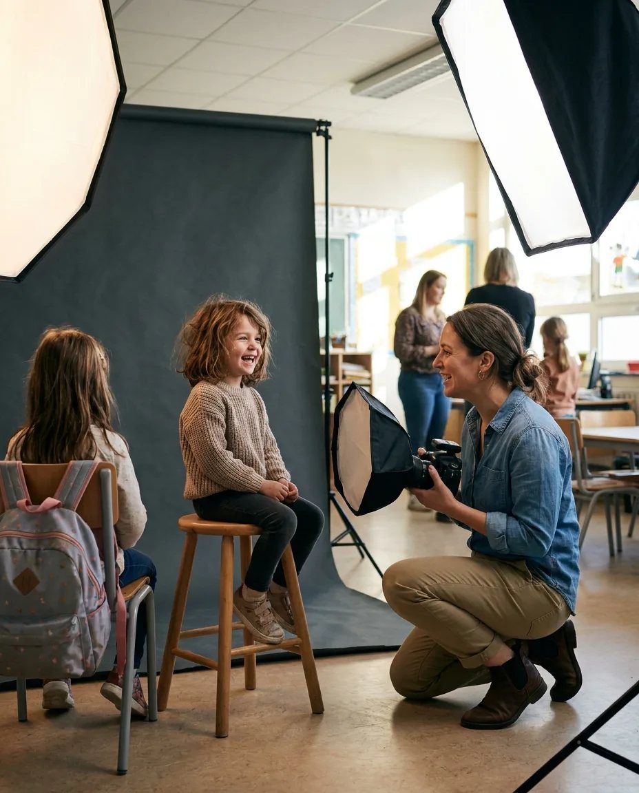 Friendly photographer helping a student feel comfortable for school picture day