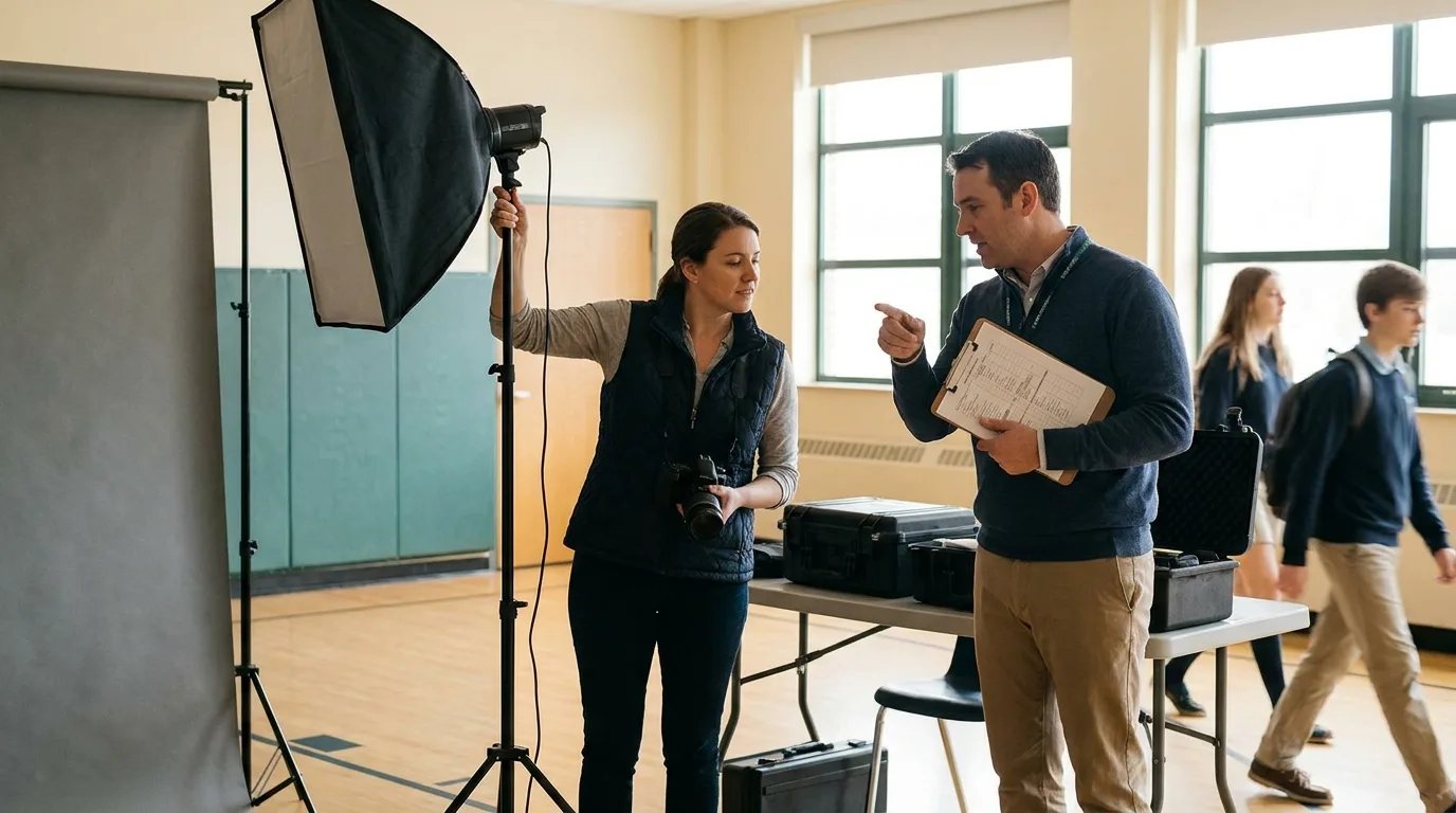 School picture day lighting setup with staff coordination
