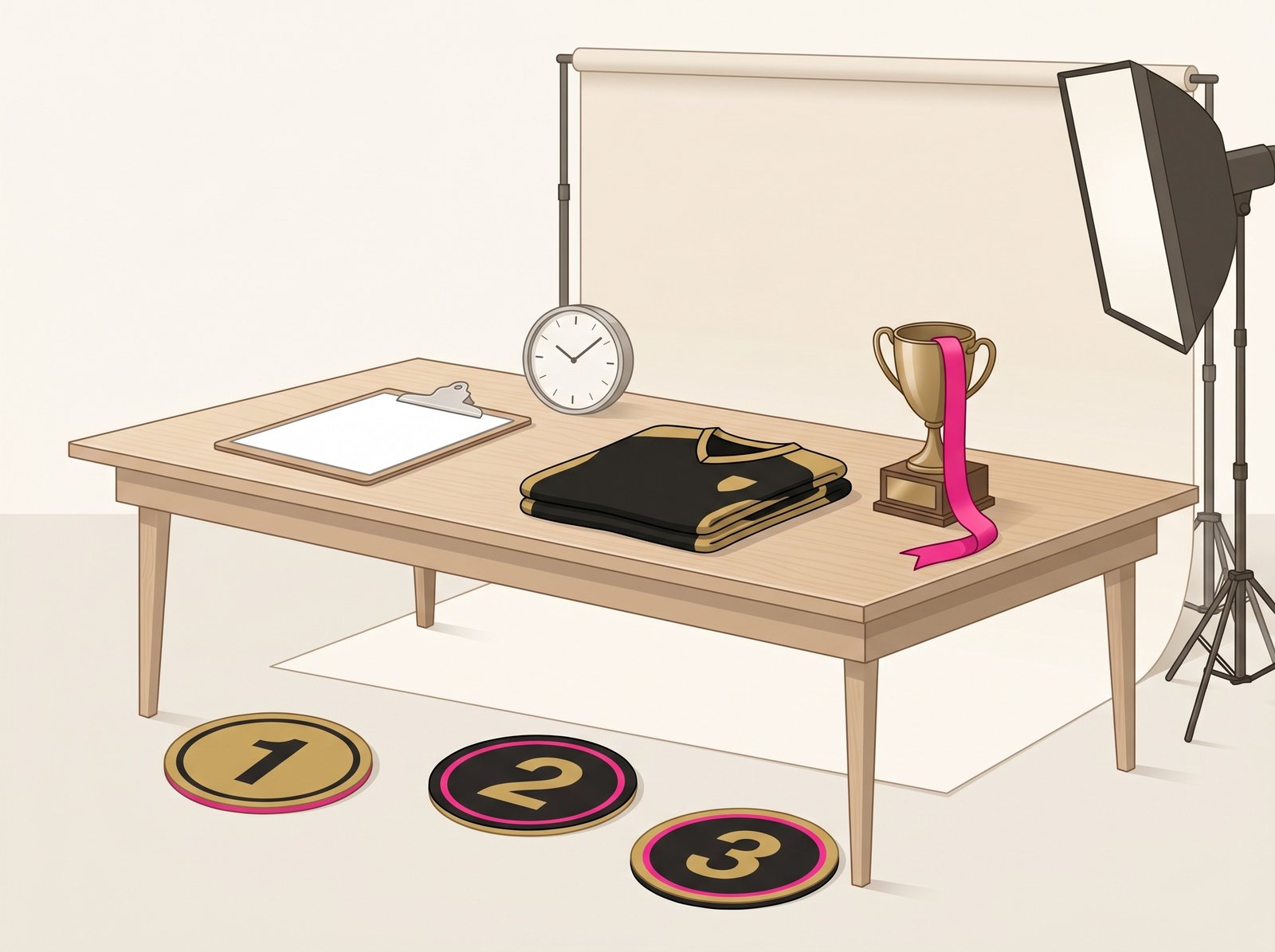 Sports picture day check-in table with schedule markers and studio lighting