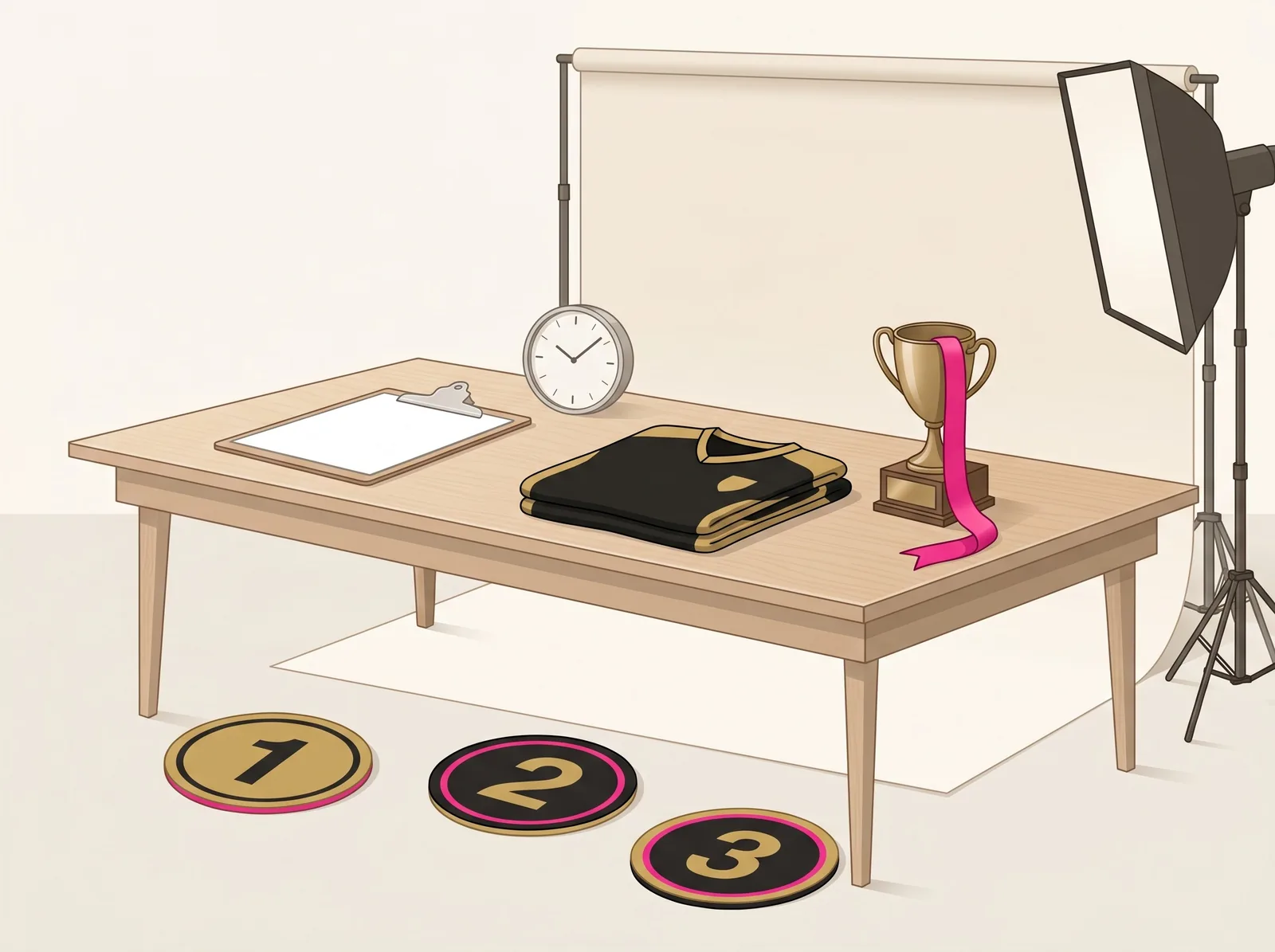 Sports picture day check-in table with schedule markers and studio lighting