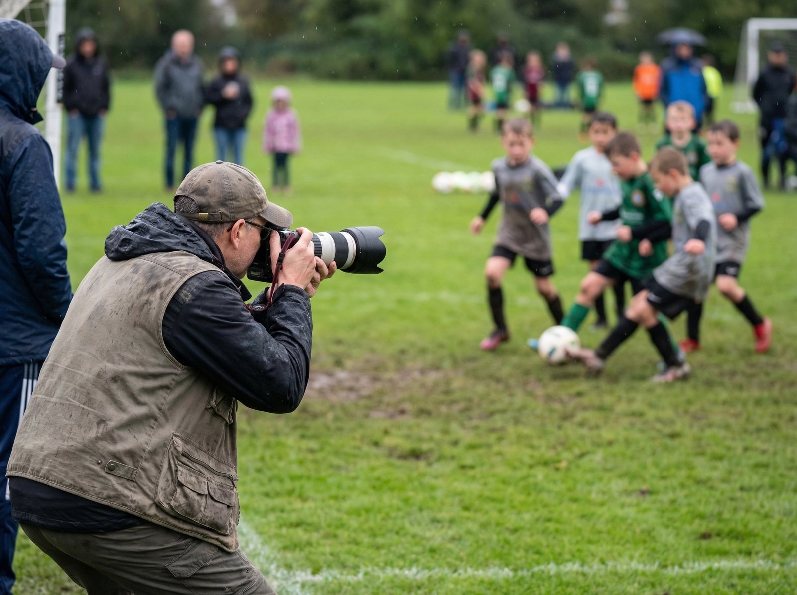 Sports photographer at a youth soccer game sideline