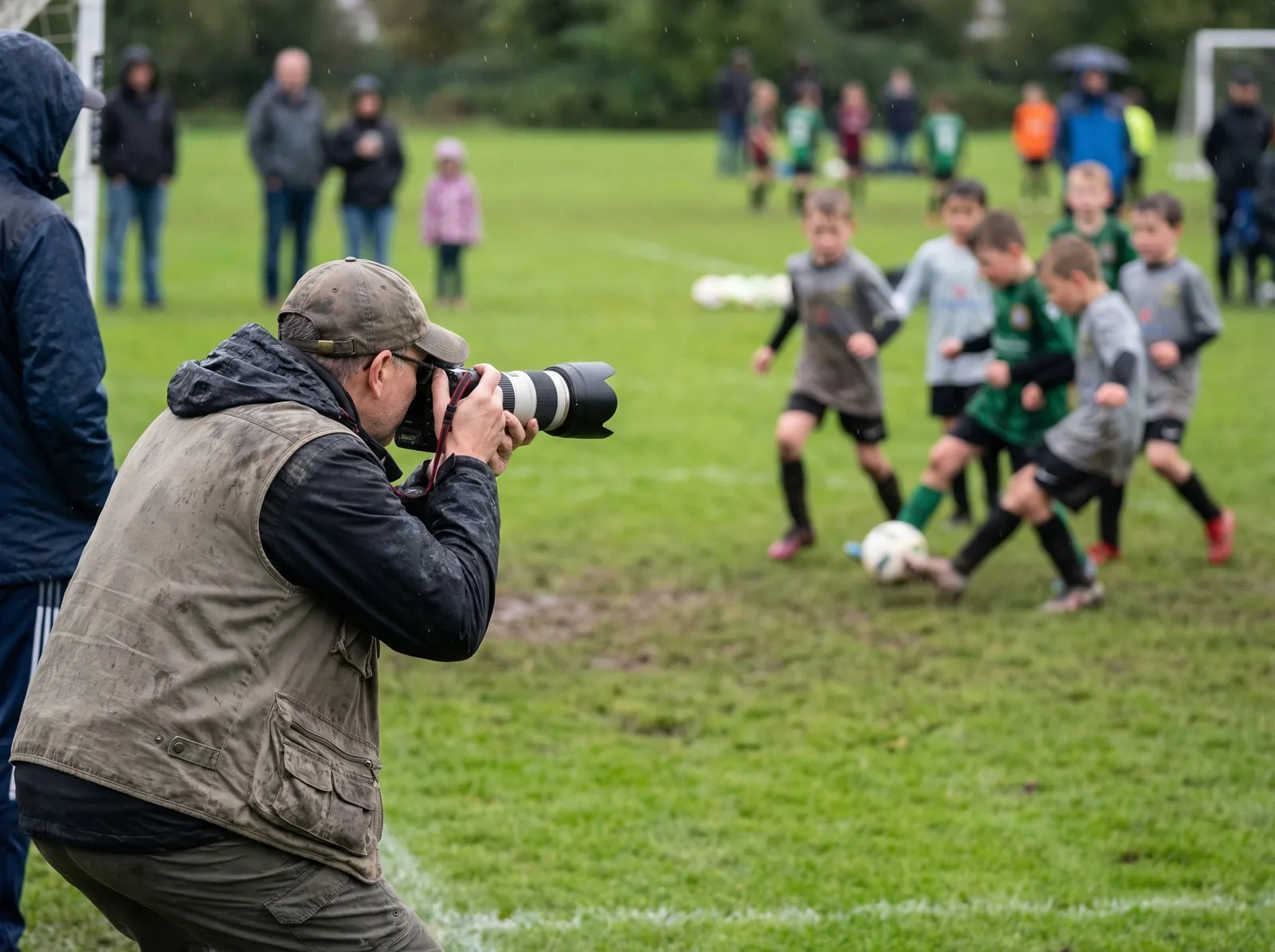 Photographer capturing youth soccer players during a game