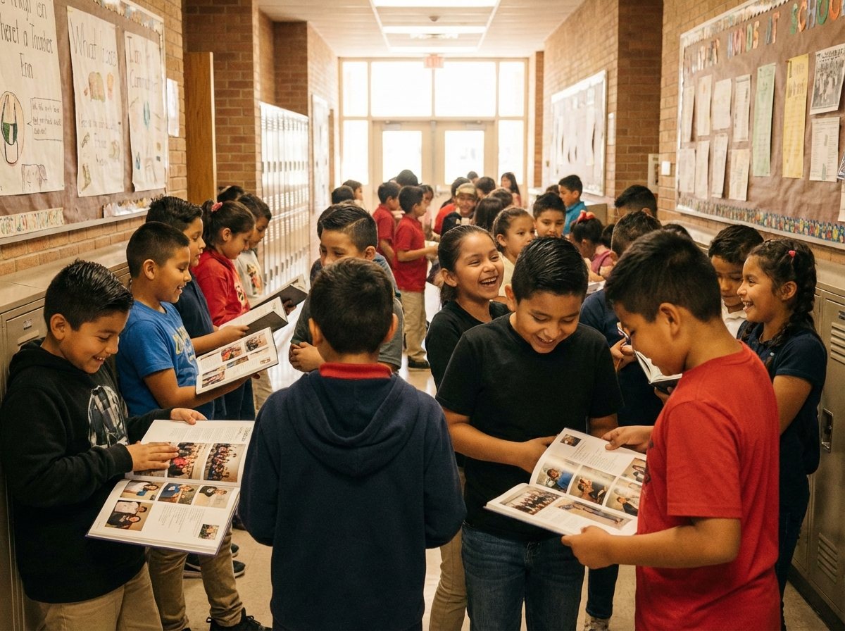 Students signing yearbooks at San Antonio school