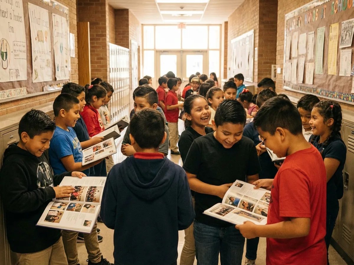 Students signing yearbooks at San Antonio school