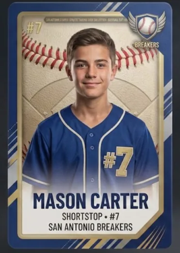 Finished baseball trading card front example with a fictional player in a blue uniform