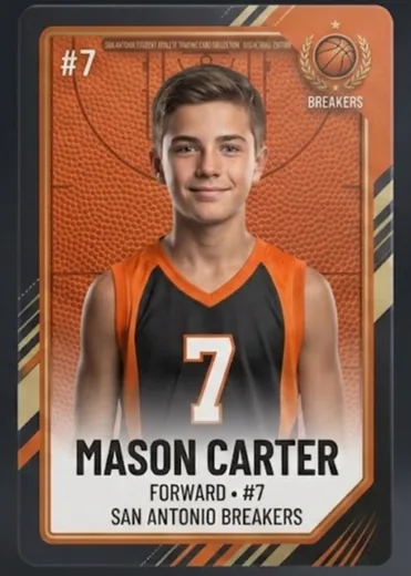 Finished basketball trading card front example with a fictional player in an orange uniform