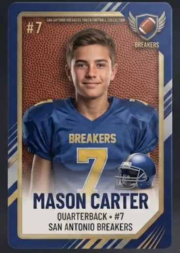 Finished football trading card front example with a fictional quarterback in a blue uniform