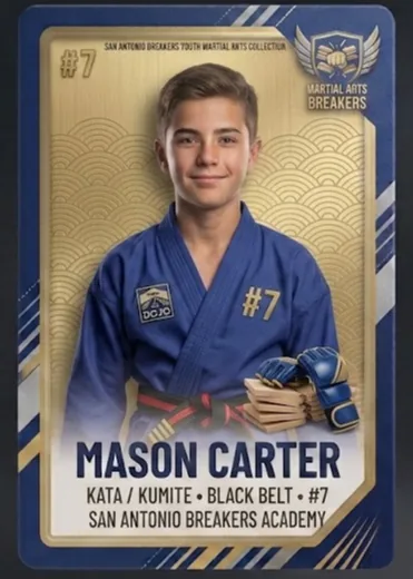 Finished martial arts trading card front example with a fictional student in a blue gi