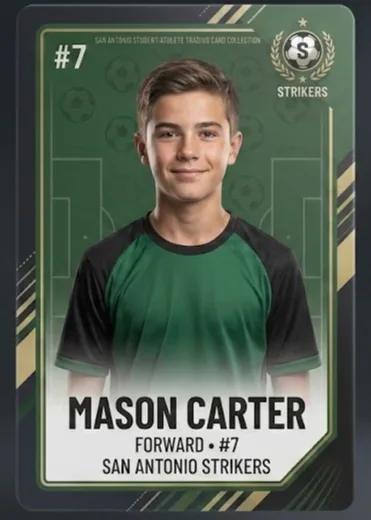 Finished soccer trading card front example with a fictional player in a green uniform