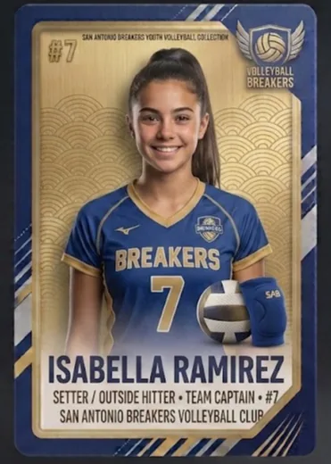 Finished volleyball trading card front example with a fictional player in a blue uniform