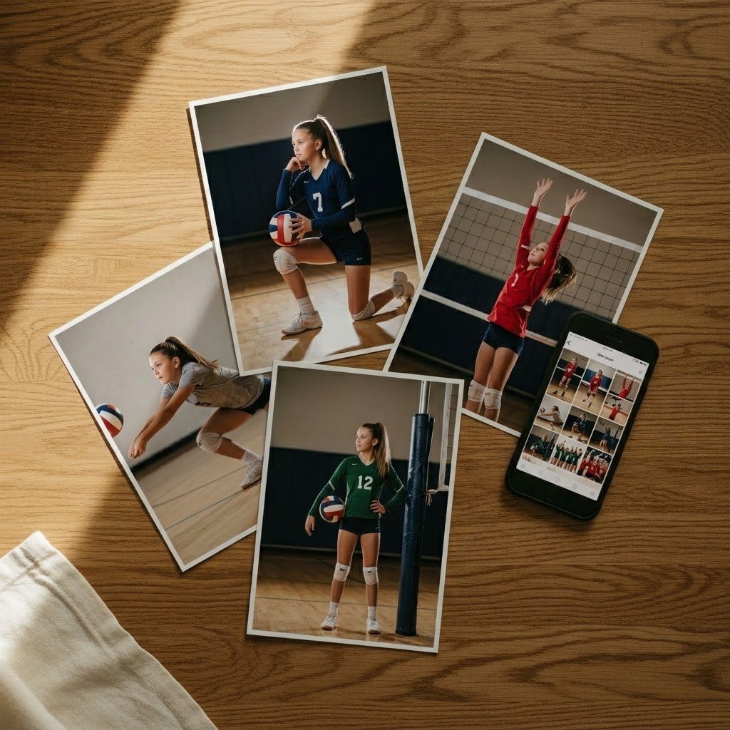 Printed volleyball portraits beside a phone showing the private gallery