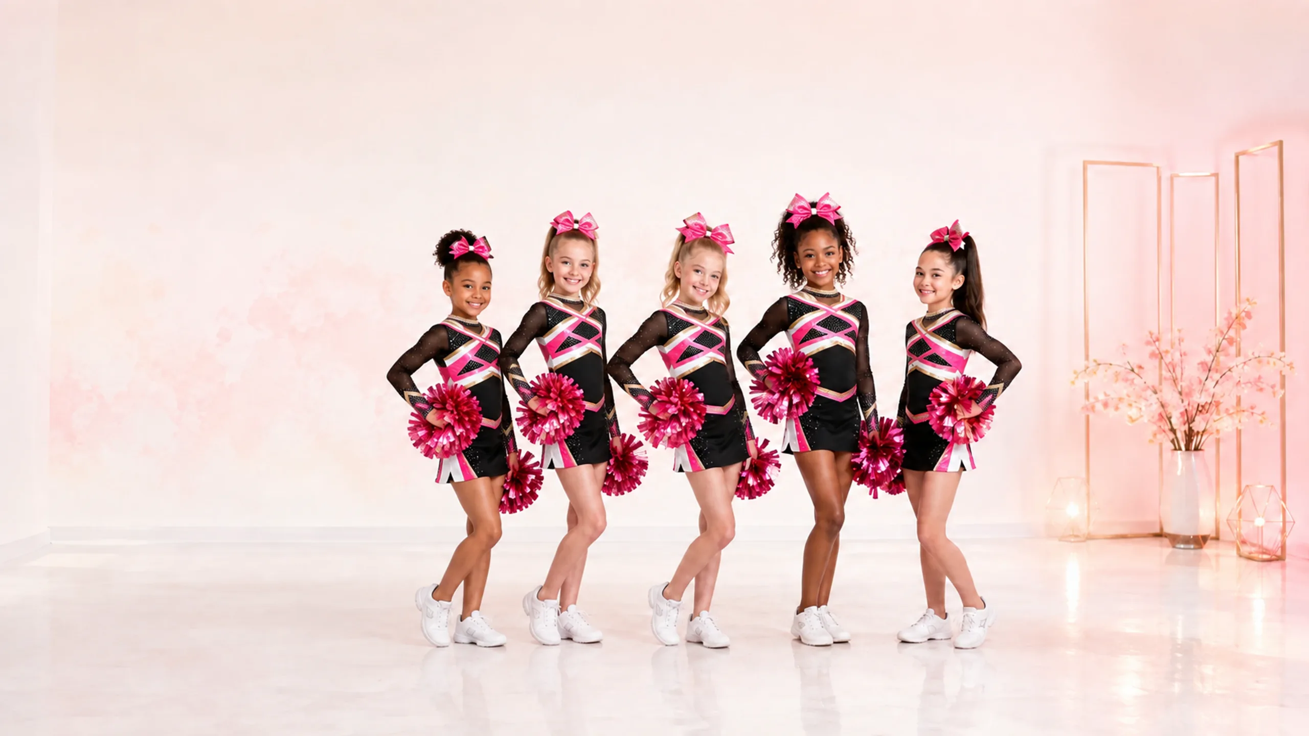 Five cheer athletes posing together on picture day