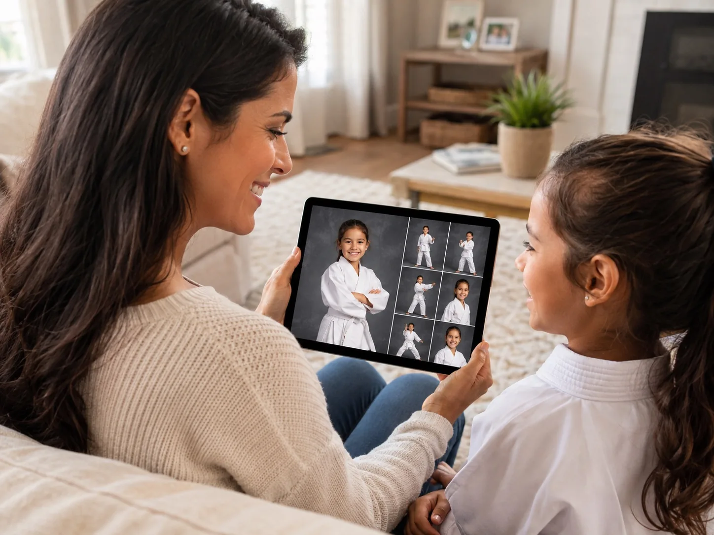 Parent reviewing martial arts photos at home