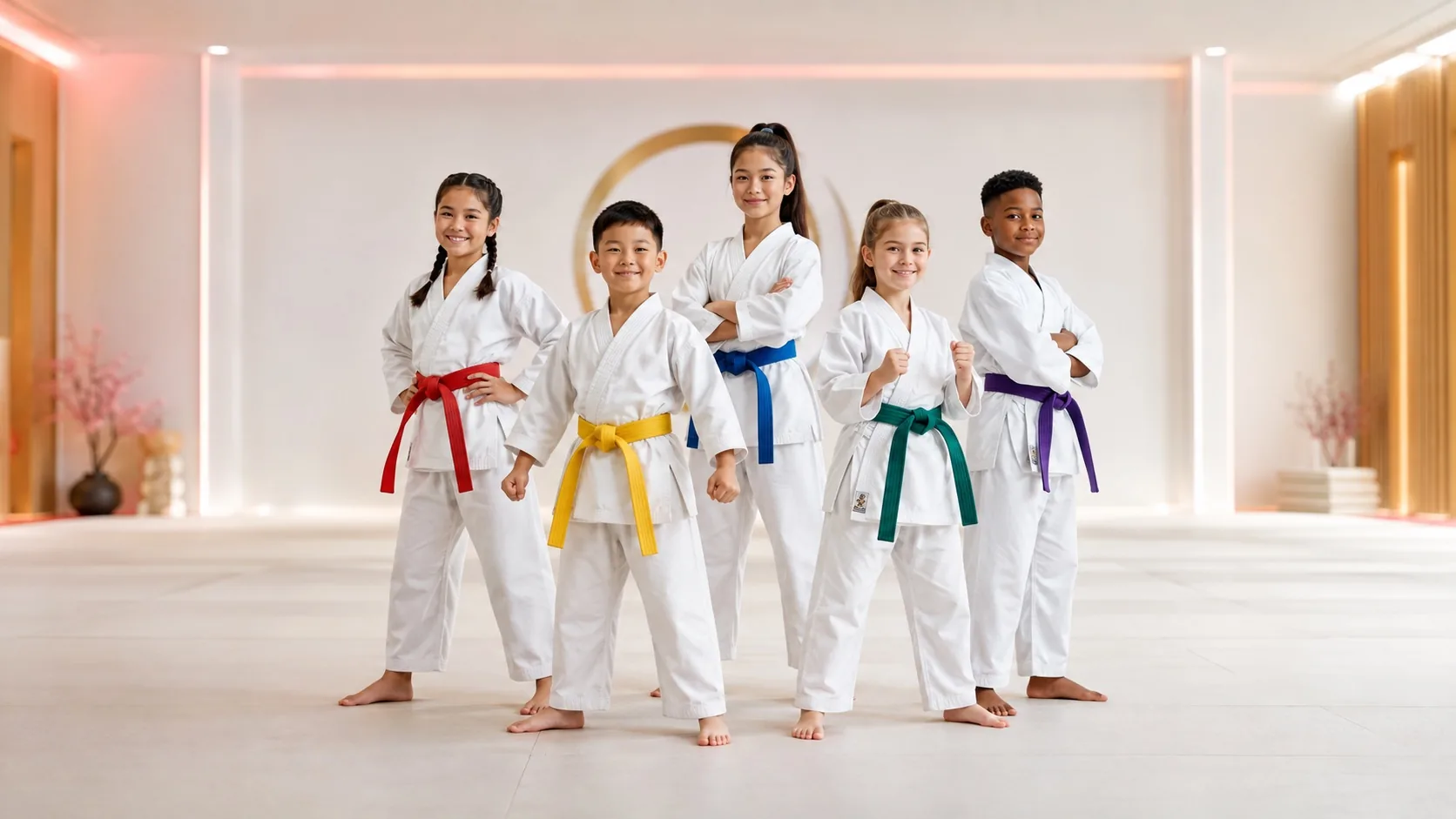 Five martial arts students posing together on picture day