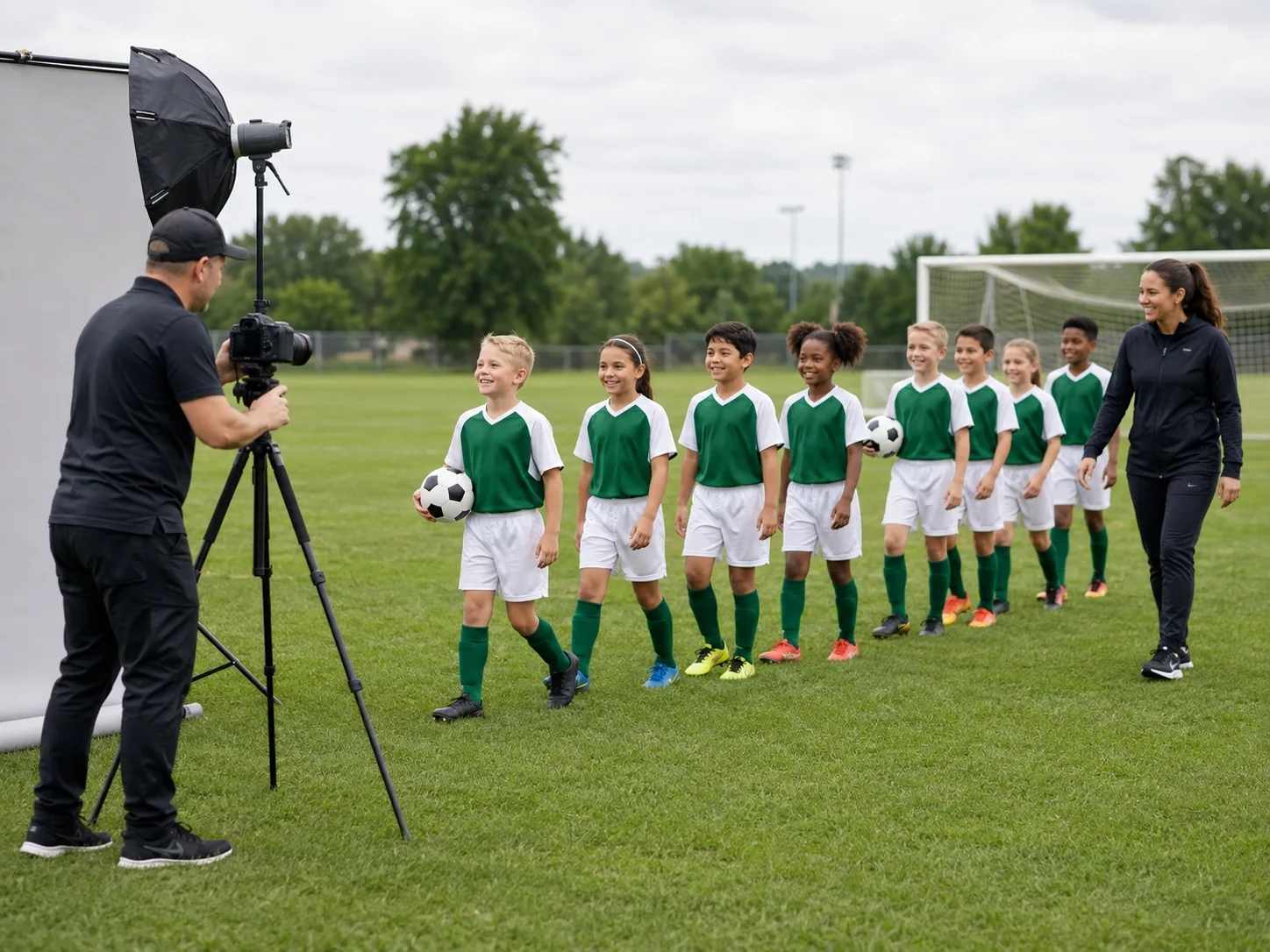 Youth soccer players moving through an organized picture day station