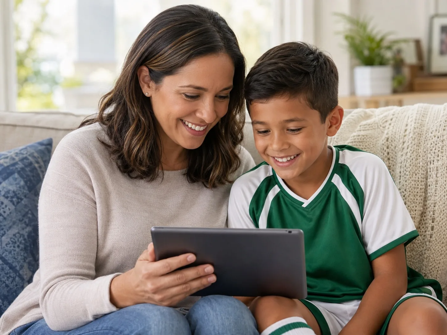 Mother and youth soccer player reviewing picture day photos on a tablet